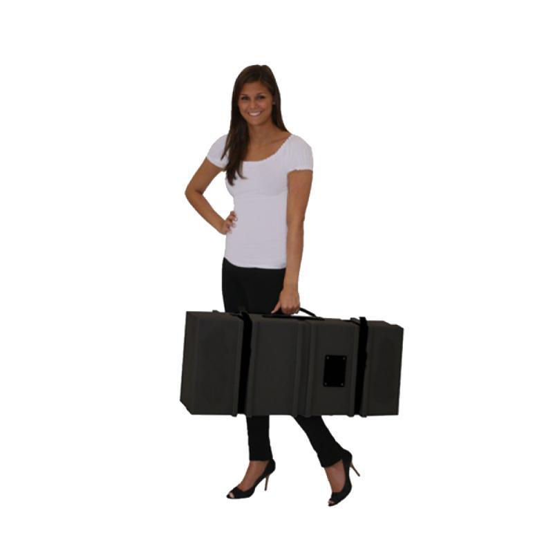 Woman holding a portable tabletop display case for trade show and exhibition setups