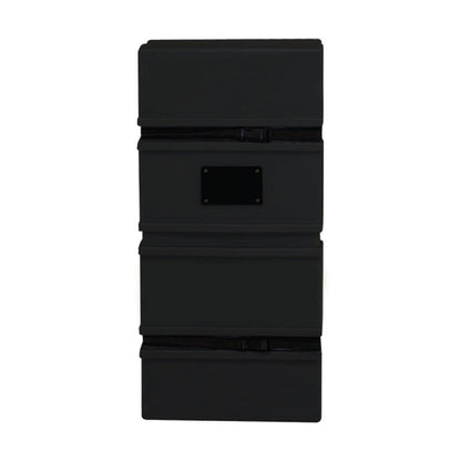 Compact tabletop display case designed for trade shows and exhibitions with secure locking straps