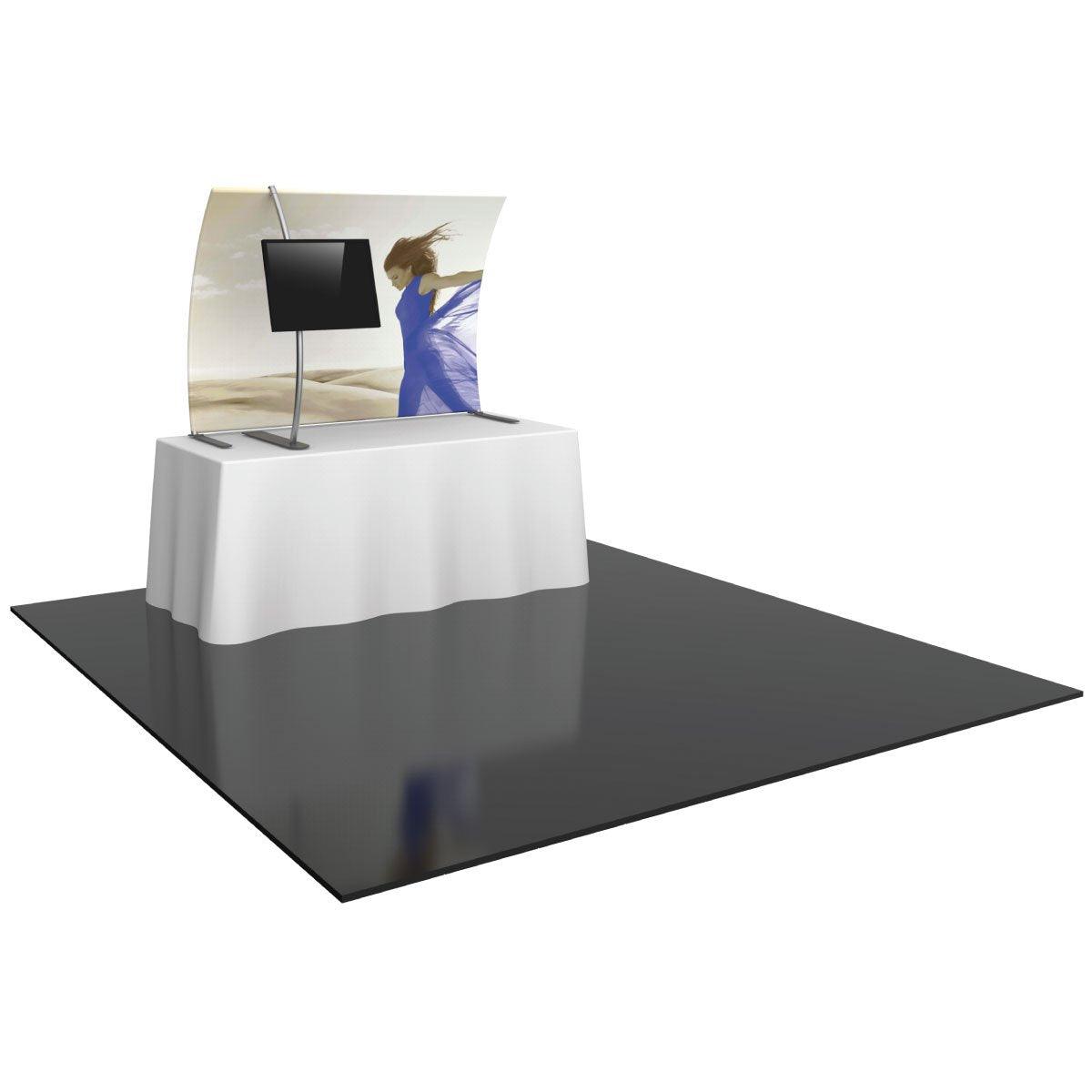 Trade show tabletop display with fabric graphic backdrop and mounted monitor for exhibitions and events