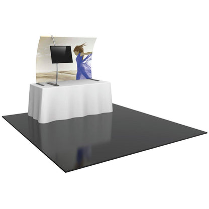 Trade show tabletop display with fabric graphic backdrop and mounted monitor for exhibitions and events