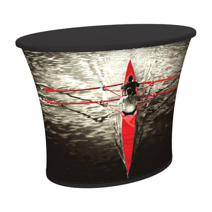 Oval trade show counter with custom printed graphic for exhibitions and special events
