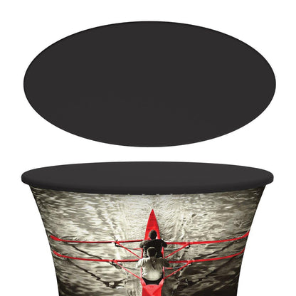 Oval trade show counter featuring large graphic wrap with rowing team image for exhibitions and special events