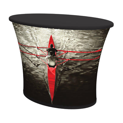 Oval trade show counter with custom printed graphic of two rowers in a boat on water for exhibitions and events