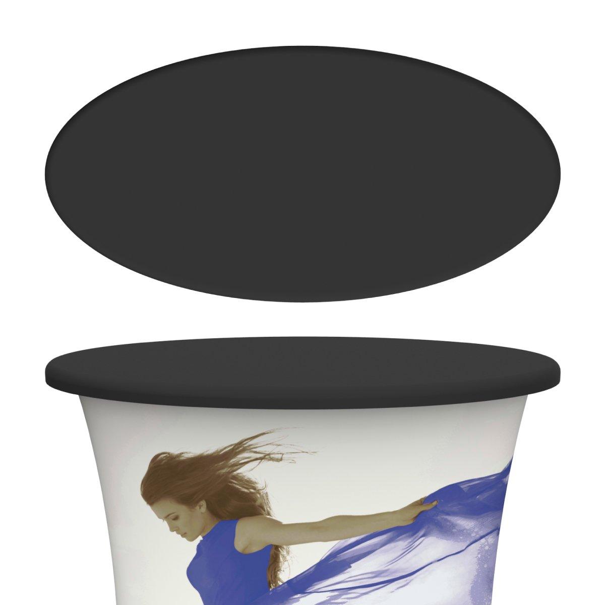 Trade show display pillar counter with custom fabric graphic featuring a woman in flowing dress for exhibitions
