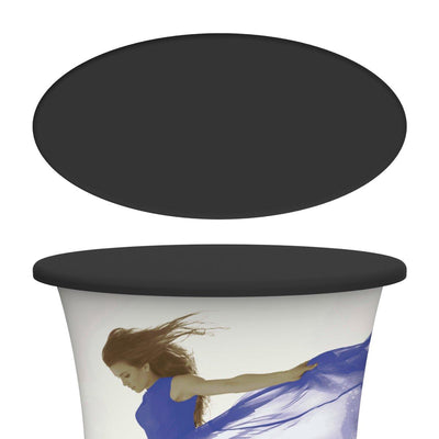 Trade show display pillar counter with custom fabric graphic featuring a woman in flowing dress for exhibitions