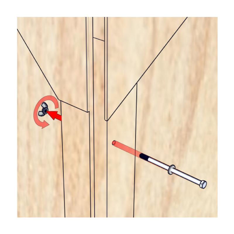 Diagram showing assembly of wooden shipping crate with bolt and wing nut for trade shows and exhibitions