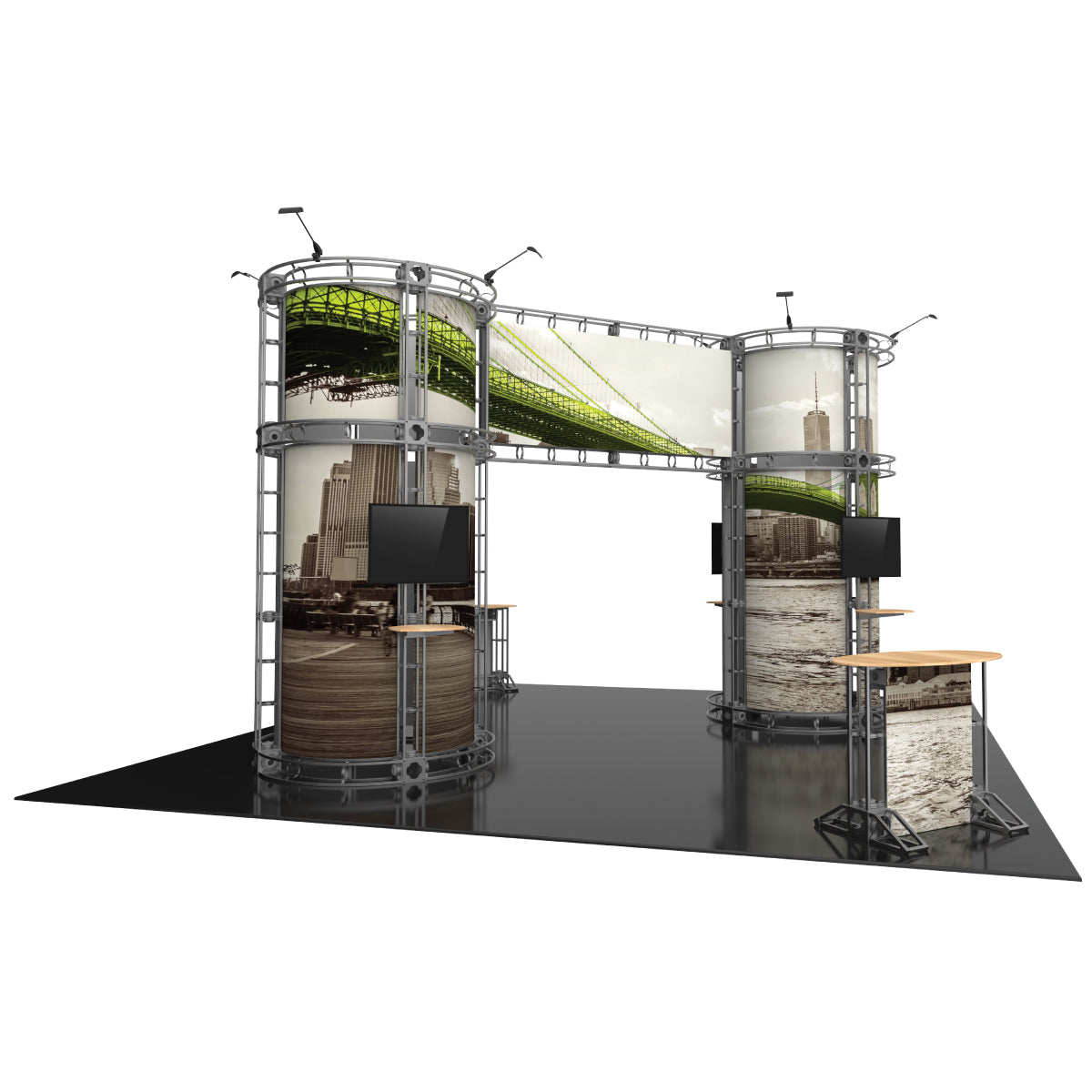 Modular truss display booth with curved panels, mounted monitors, and tables for trade shows and exhibitions
