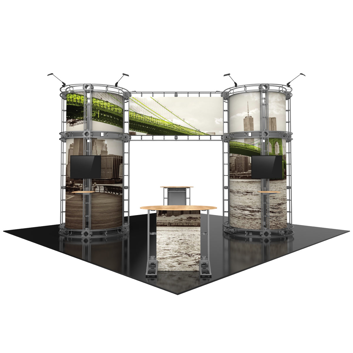 Modular trade show booth with curved towers, graphic displays, mounted screens, and counters for exhibitions