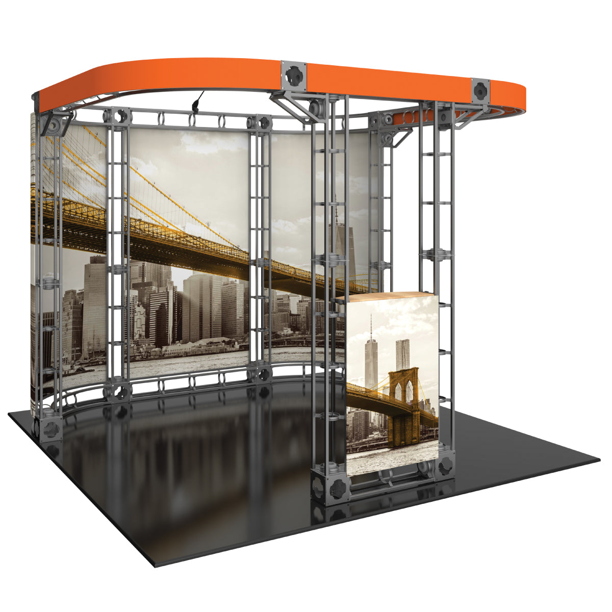 Trade show display booth with metal truss frame and large cityscape backdrop for exhibitions and events