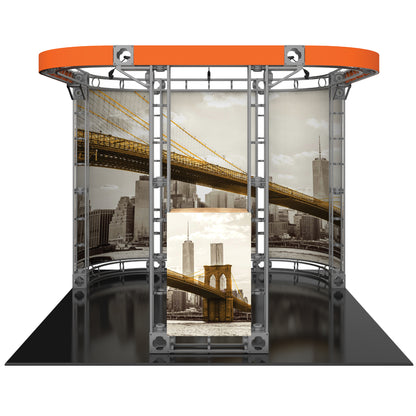 Modular truss display system featuring large curved and flat graphic panels for trade shows and exhibitions