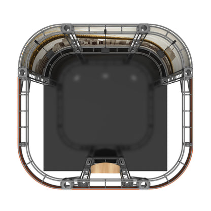 Overhead view of a modular truss display system for trade shows, featuring curved walls and integrated lighting