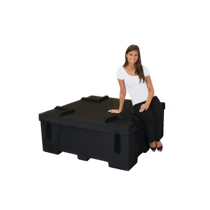 Large modular case seating used in trade shows and special events with woman sitting for scale
