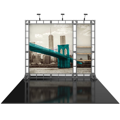 Modular truss display with printed cityscape graphics and shelving for trade shows and exhibitions