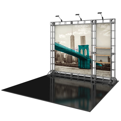 Modular truss display with large graphic panel and shelving for trade shows and exhibitions
