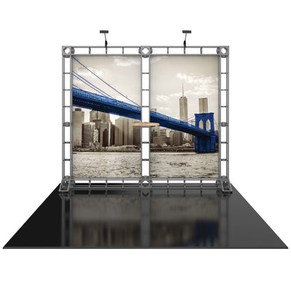 Trade show display with truss frame showcasing city skyline and bridge graphics for exhibition booths