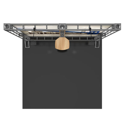 Overhead view of a modular truss display with a branded backdrop and podium for trade shows and exhibitions
