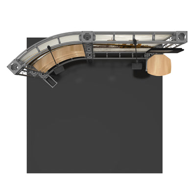 Top view of modular truss booth setup with curved panel and integrated lighting for trade shows