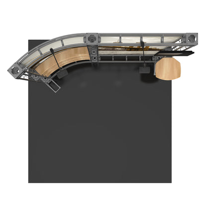 Top view of modular truss booth setup with curved panel and integrated lighting for trade shows