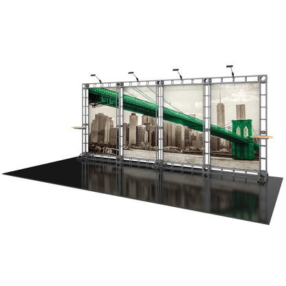 Modular trade show display with truss frame and large cityscape graphics for exhibitions and events