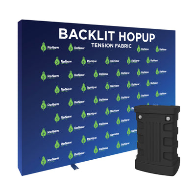 Backlit hopup tension fabric display with branded graphics and hard case for trade shows and exhibitions