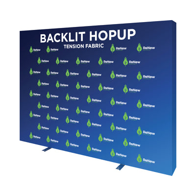 Backlit hopup tension fabric display featuring ReNew Energy branding for trade shows and exhibitions