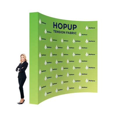 Curved hopup tension fabric display with branding for trade shows and exhibitions