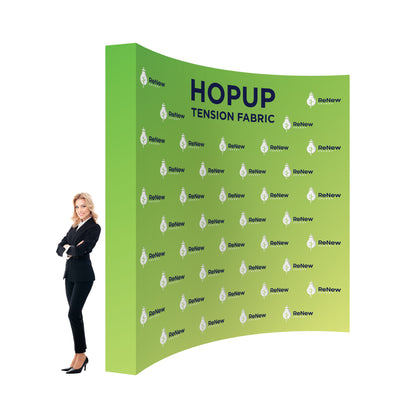 Curved hopup tension fabric display with branding for trade shows and exhibitions