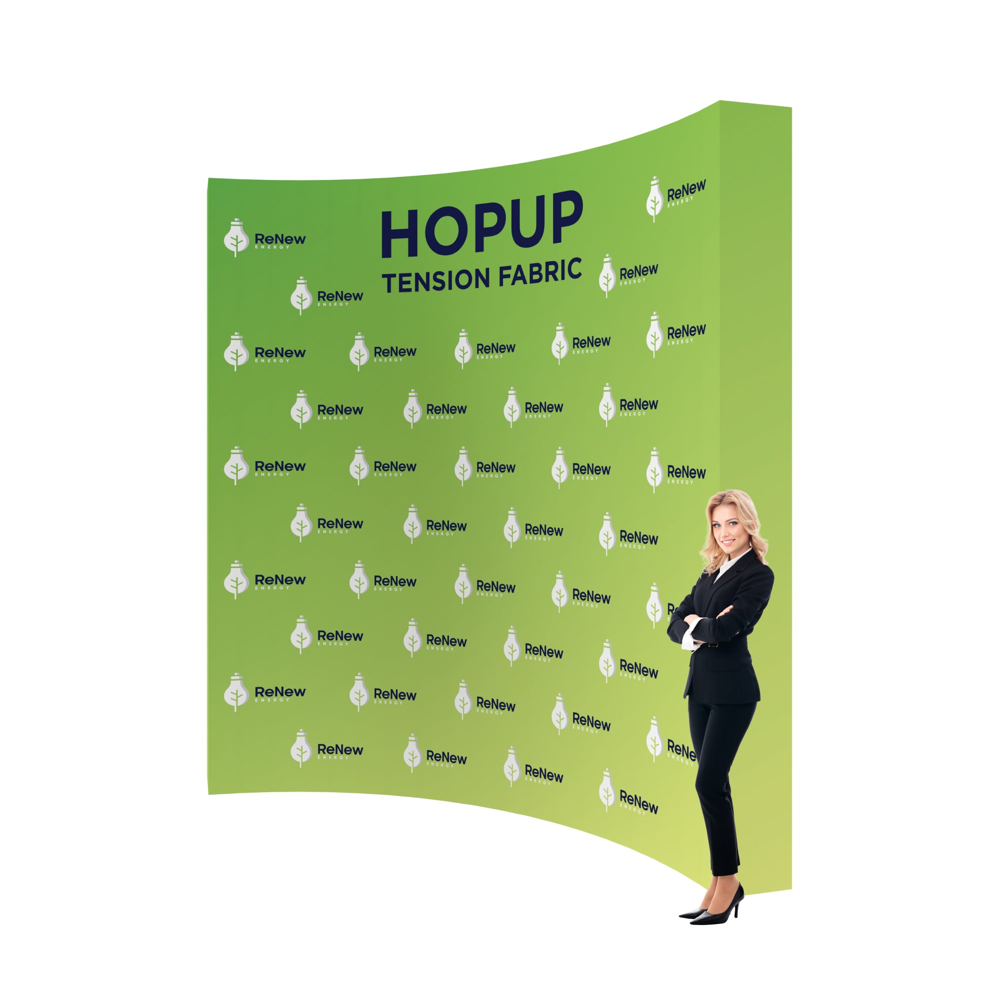 Curved tension fabric trade show display with branded logo pattern and a businesswoman standing beside it
