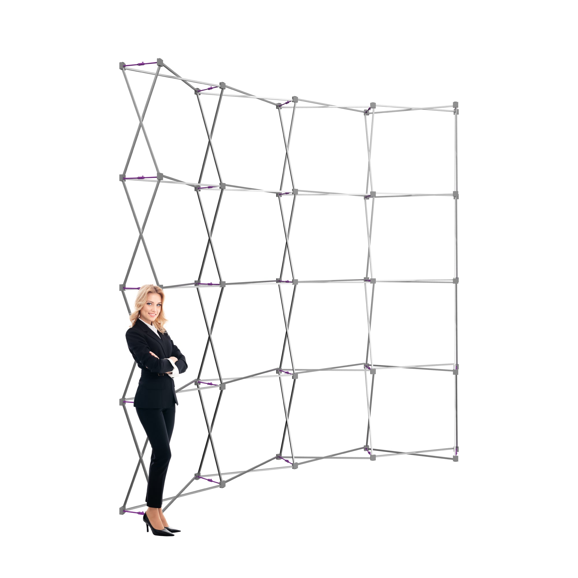 Trade show display frame with woman standing next to lightweight portable exhibition backdrop