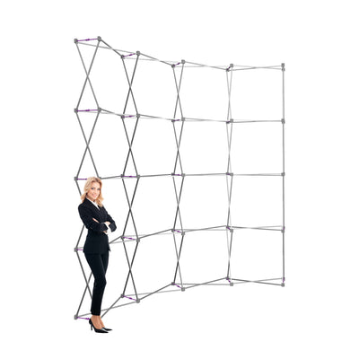 Trade show display frame with woman standing next to lightweight portable exhibition backdrop