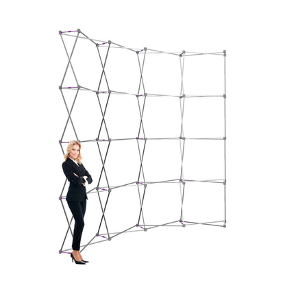 Trade show display frame with woman standing next to lightweight portable exhibition backdrop