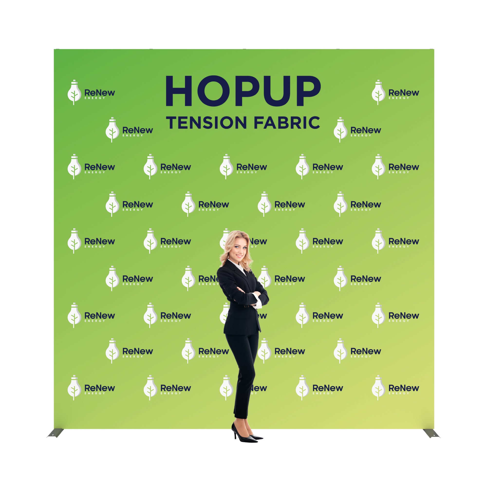 Tension fabric hopup display backdrop for trade shows with branded logos and a professional woman