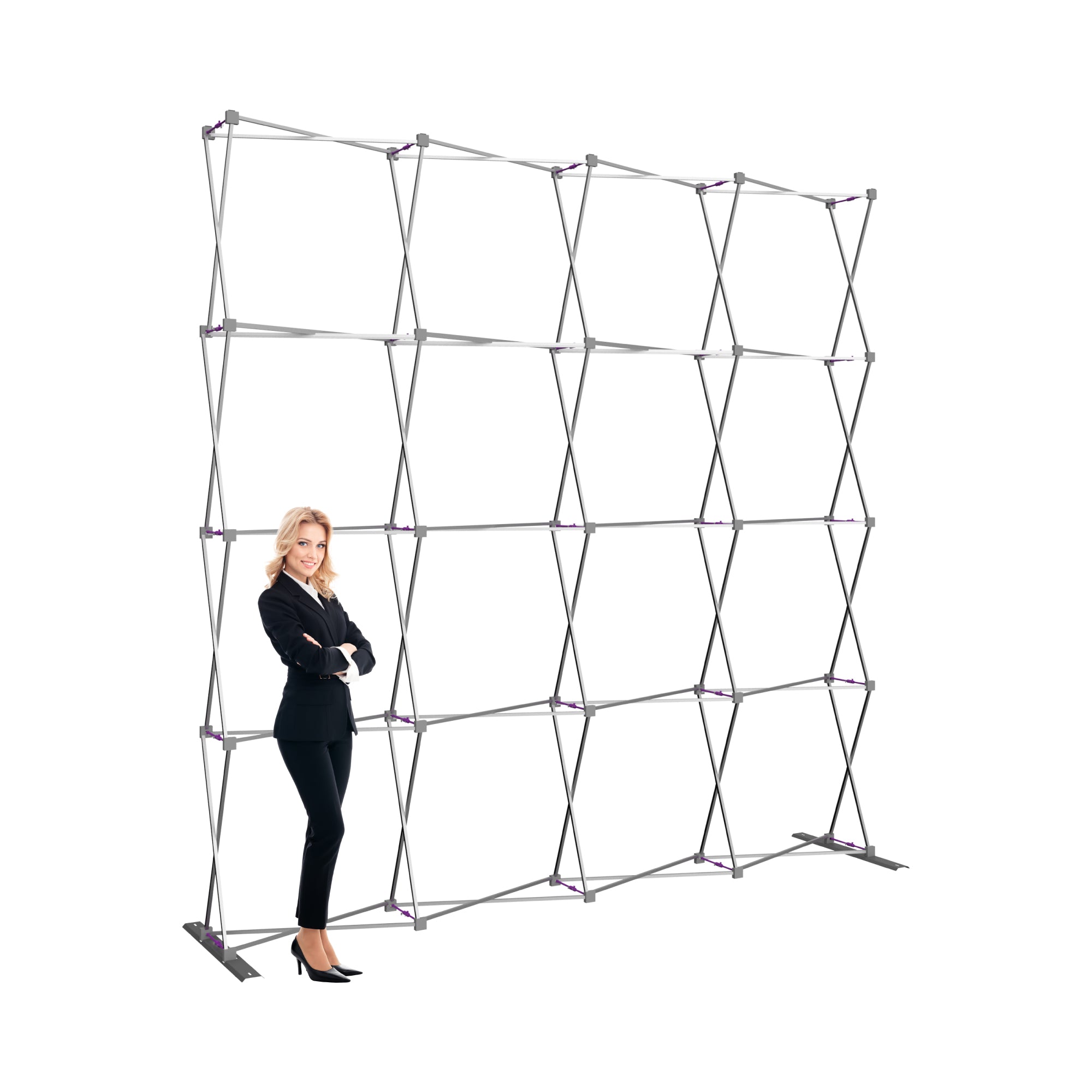 Freestanding collapsible frame for trade show displays with businesswoman standing beside it