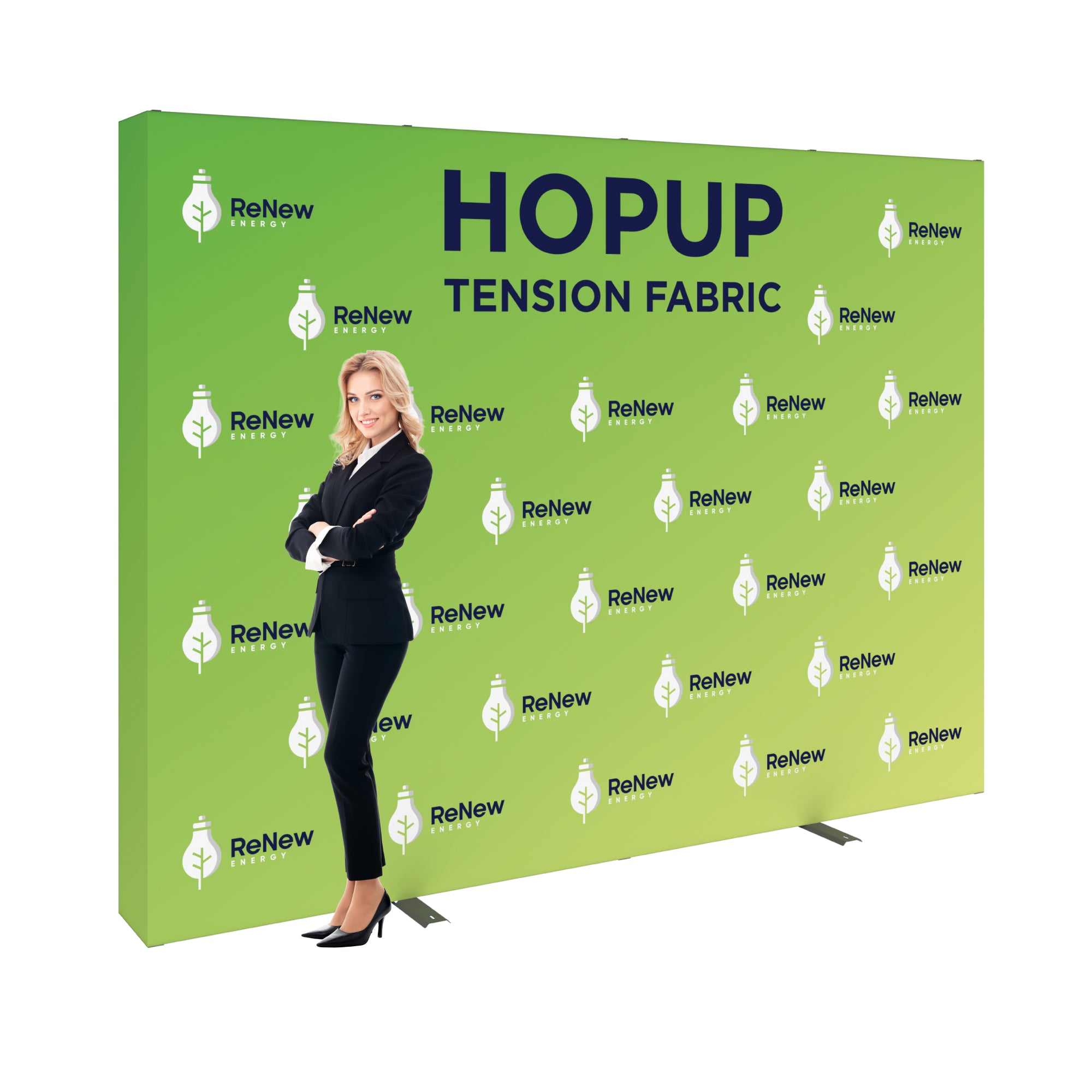 Trade show hopup tension fabric display with branded graphics and businesswoman for exhibitions