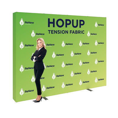 Trade show hopup tension fabric display with branded graphics and businesswoman for exhibitions