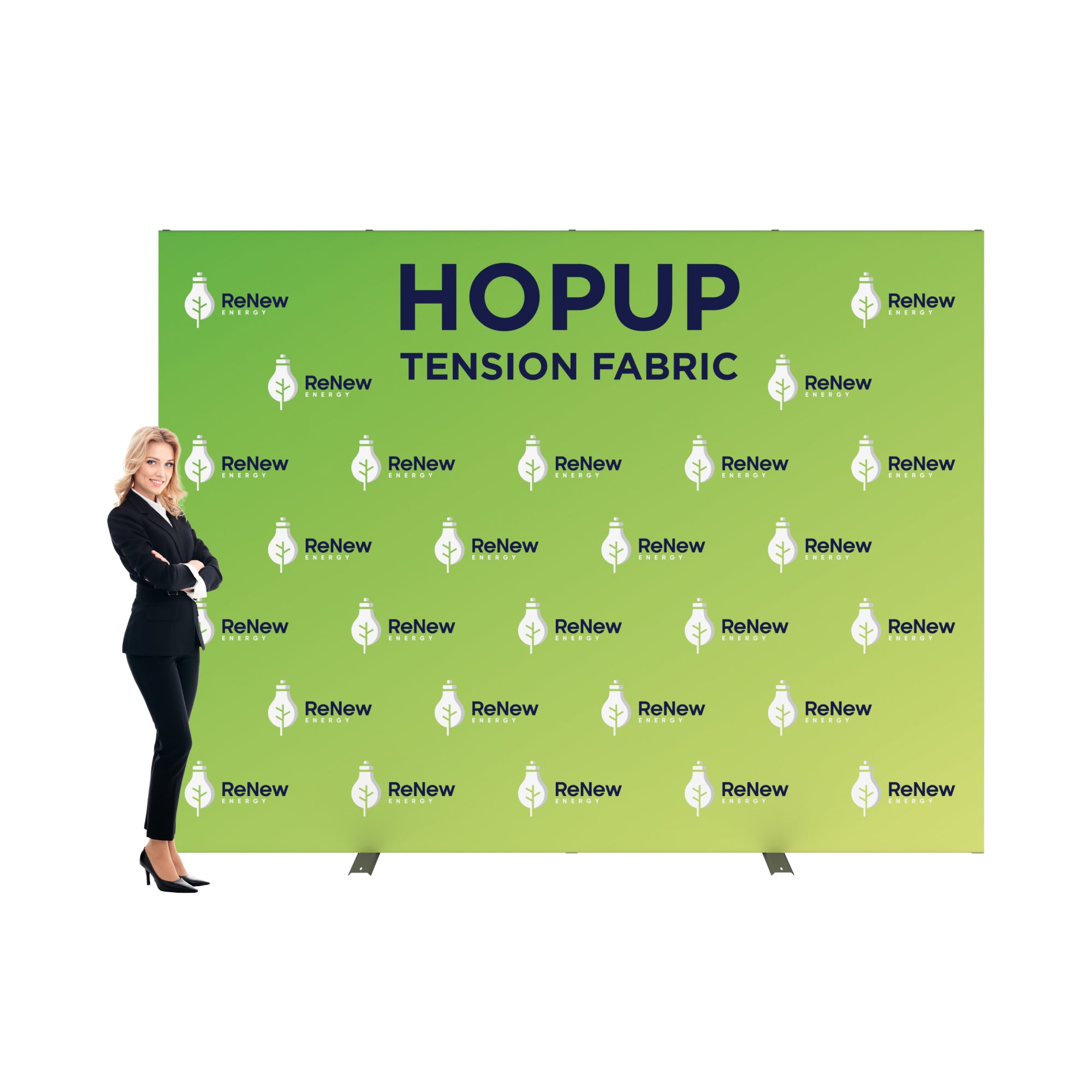 Trade show tension fabric backdrop with branded graphics and businesswoman for event display