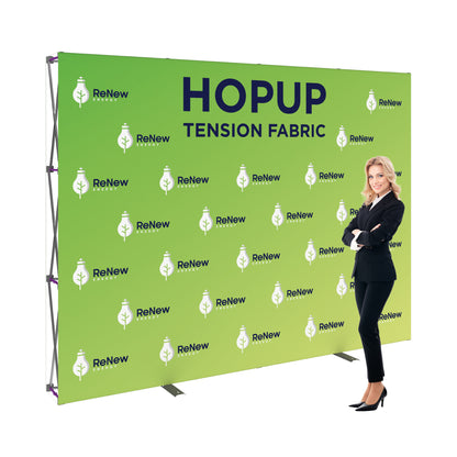 Hopup tension fabric trade show backdrop with branded graphics and model for exhibitions and events