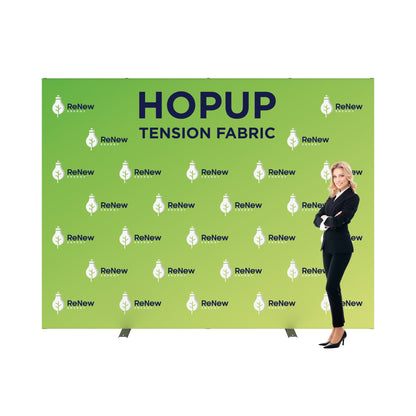 Trade show tension fabric hopup display with repeated Renew Energy logos and a businesswoman