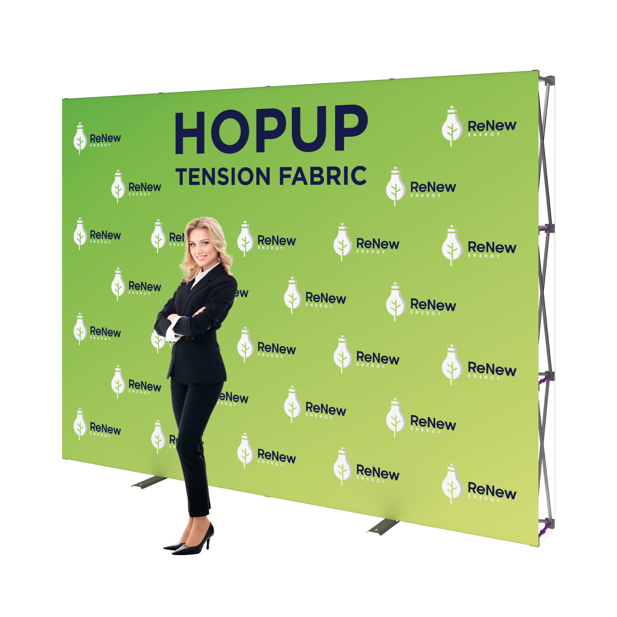 Trade show tension fabric backdrop with branded graphics and standing businesswoman at exhibition booth