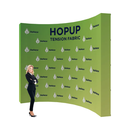 Curved hopup tension fabric display with printed branding for trade shows and special events