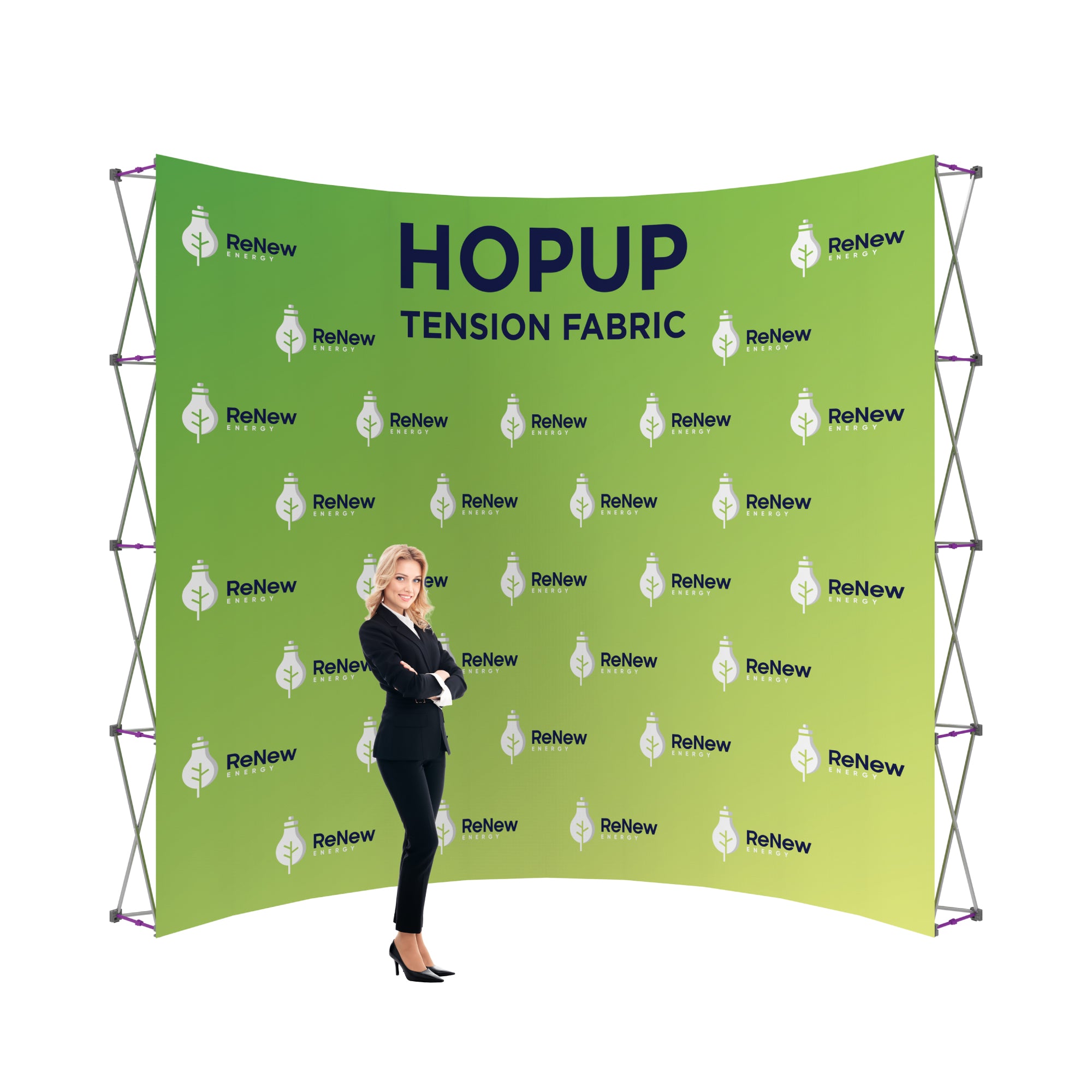 Curved tension fabric trade show display with branded backdrop and businesswoman for exhibitions