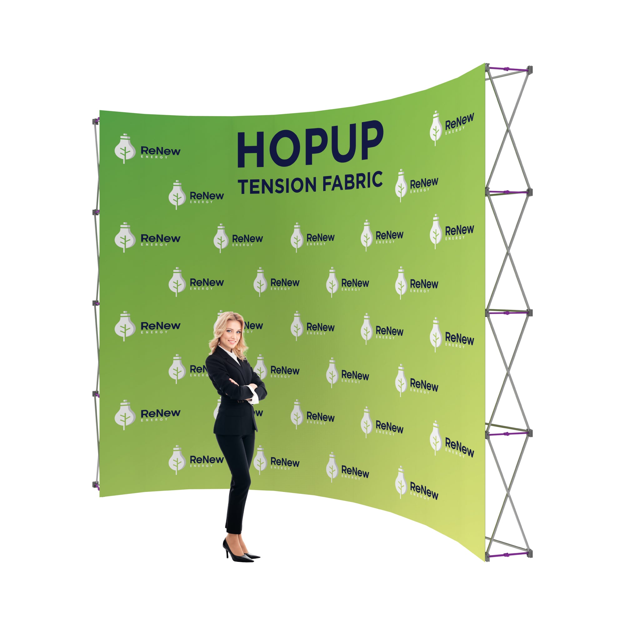 Trade show display featuring tension fabric backdrop with branded graphics and a professional woman standing