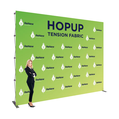 Large tension fabric hopup display with branded backdrop for trade show and event marketing