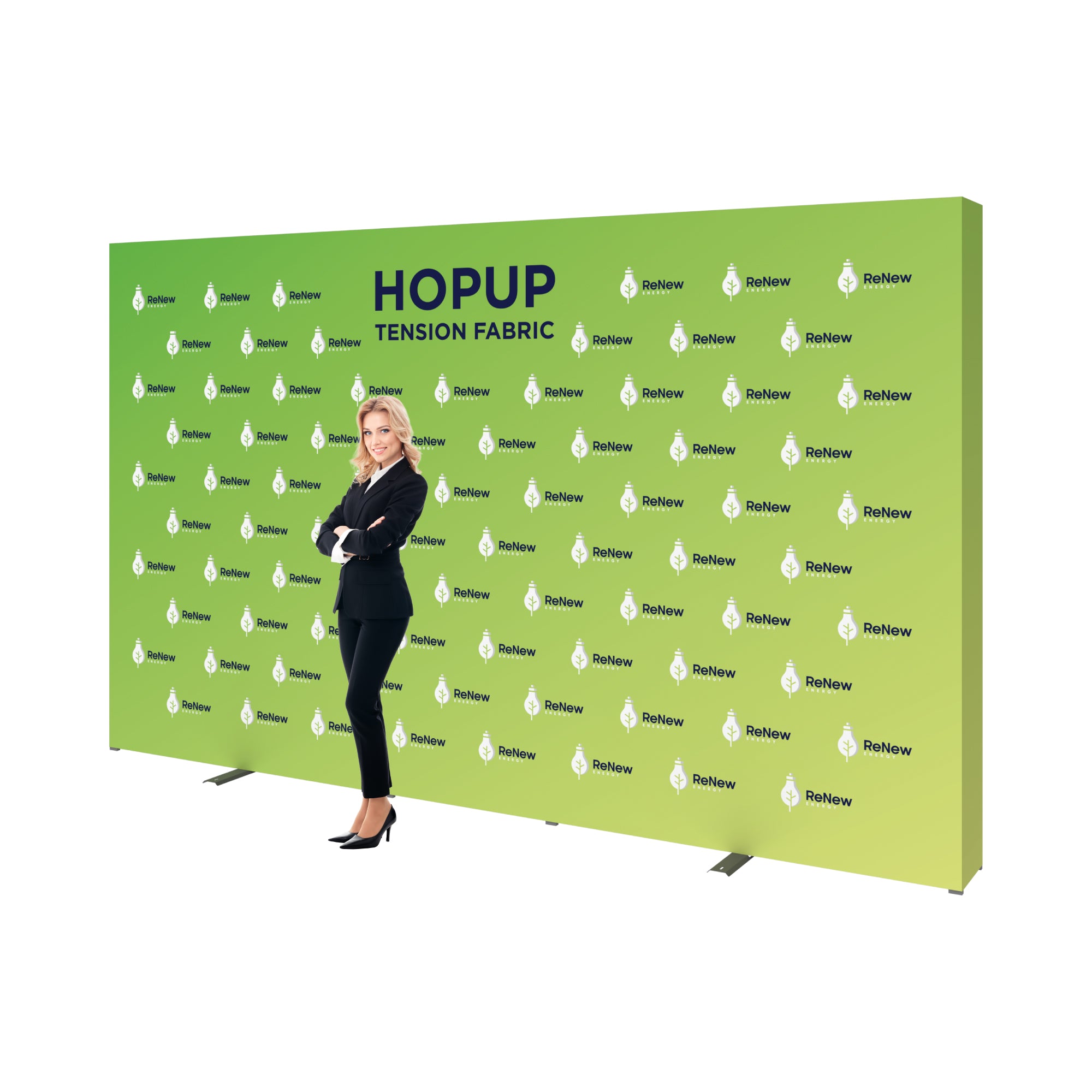 Large tension fabric trade show backdrop with ReNew Energy branding and a professional woman standing beside it