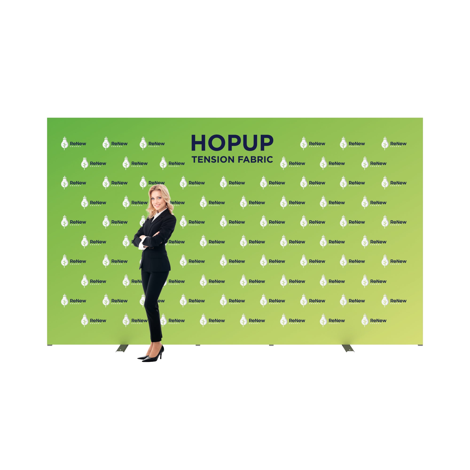 Trade show tension fabric backdrop with woman in professional attire for exhibitions and events
