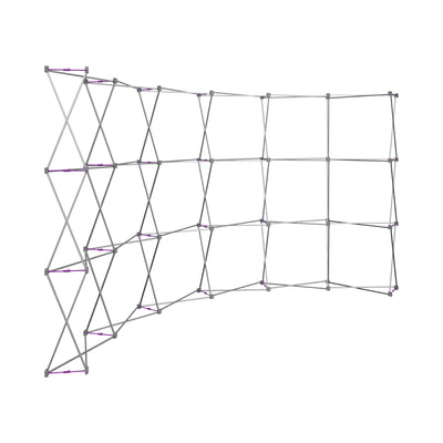 Curved collapsible trade show display frame with interconnected metal supports for exhibitions and events