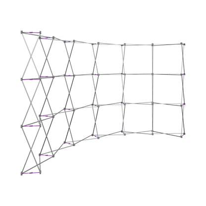 Curved collapsible trade show display frame with interconnected metal supports for exhibitions and events