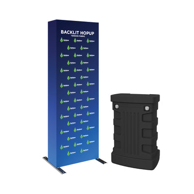 Backlit hopup tension fabric display with branded graphics and portable case for trade shows and exhibitions