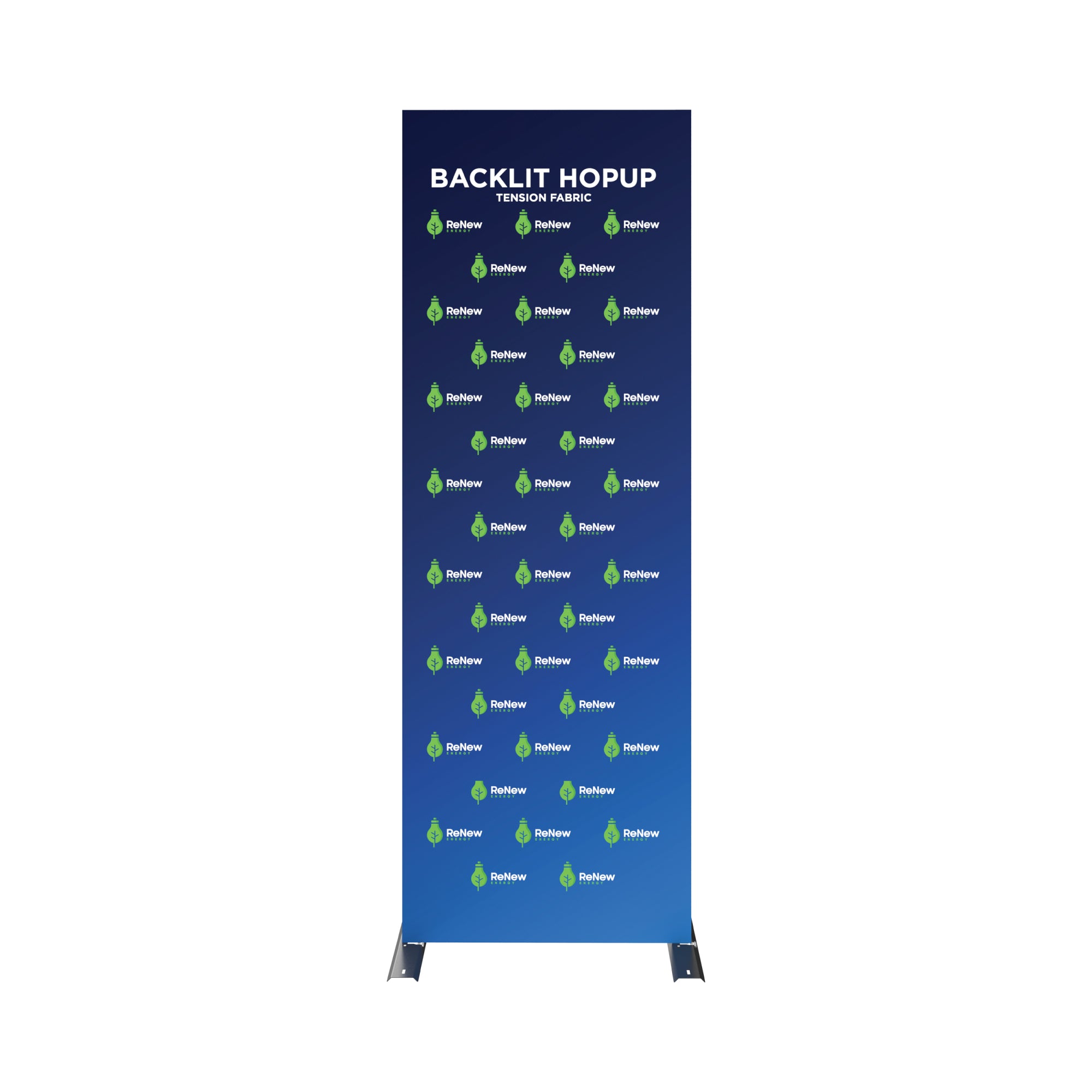 Backlit hopup tension fabric display featuring repeated eco-friendly ReNew Energy logos for trade shows and exhibitions