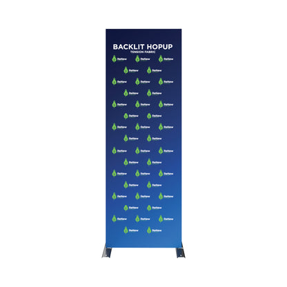 Backlit hopup tension fabric display featuring repeated eco-friendly ReNew Energy logos for trade shows and exhibitions